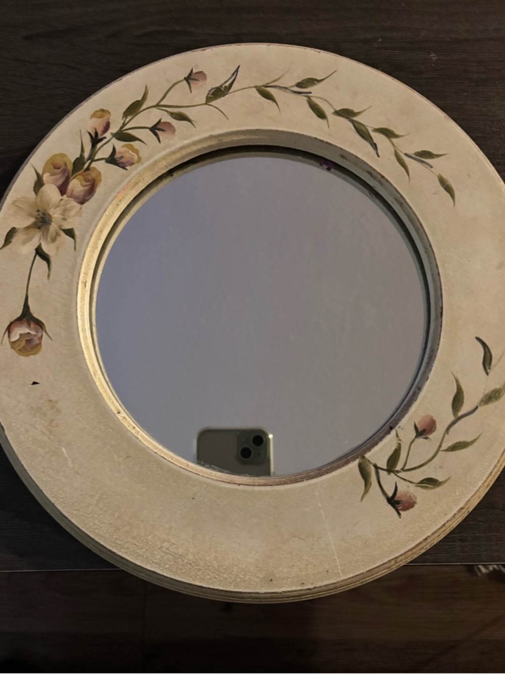Hand-Painted Floral Round Wall Mirror - Cream